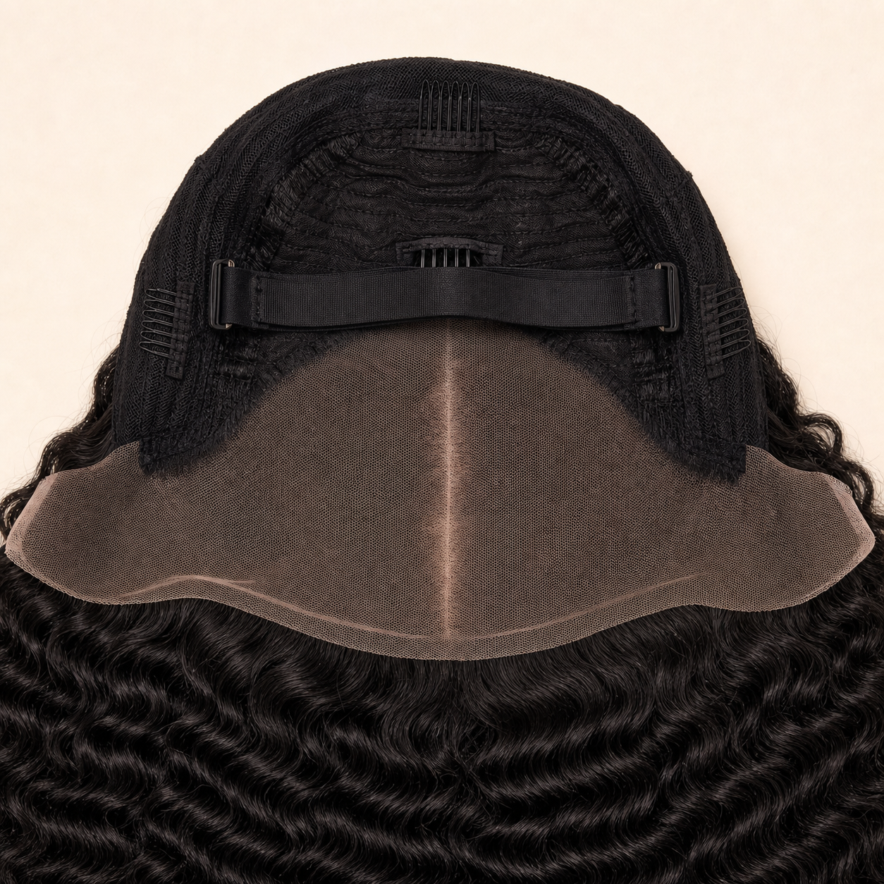 Inside cap construction of a true 13x6 ear-to-ear HD lace frontal wig with combs and elastic band