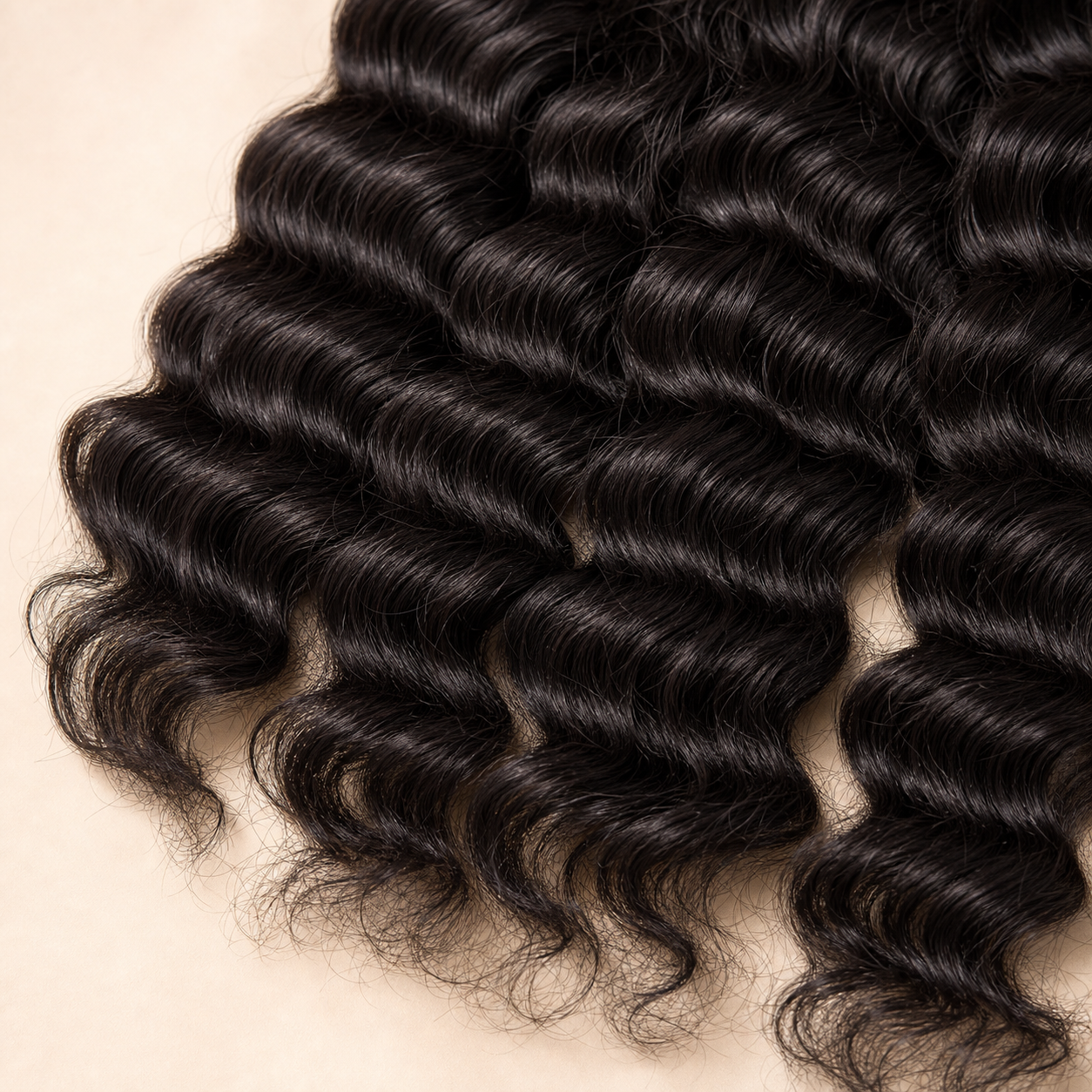 Close-up of natural black deep wave virgin human hair texture and healthy luster