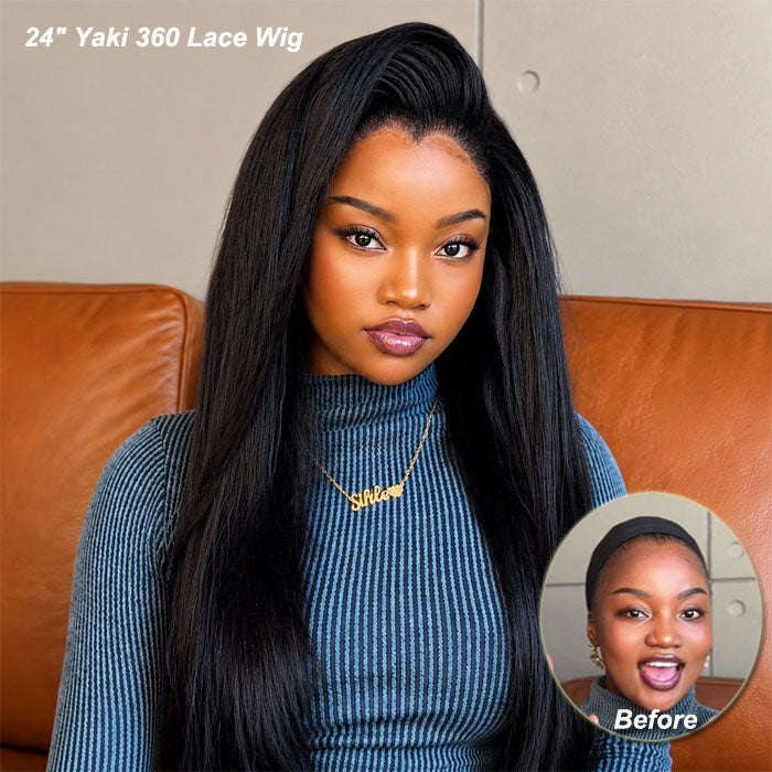 Yaki Straight 360 Lace Glueless Human Hair Wig – 22–26 Inch – product view 1