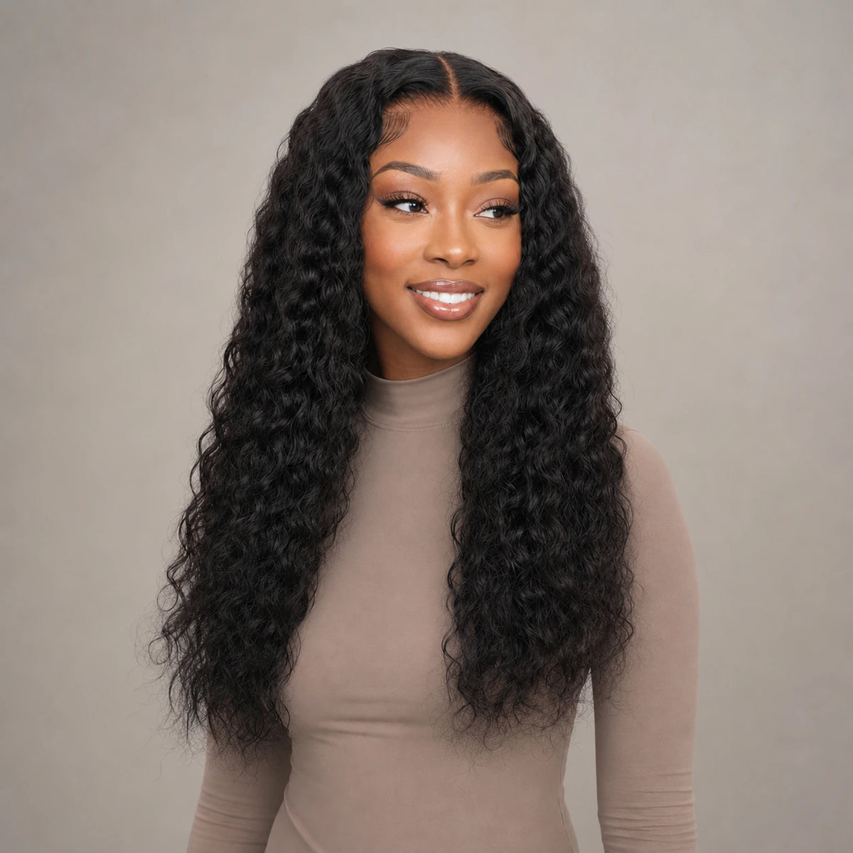 Model wearing a Natural Black Water Wave human hair wig