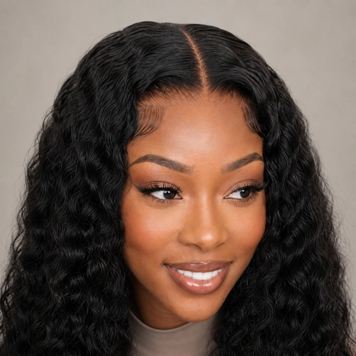 Natural Black Water Wave human hair wig hairline and parting close-up