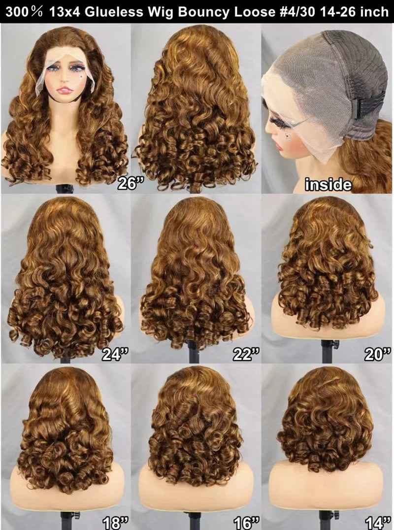 New Natural Color Bouncy Loose Lace Front Wigs Glueless Human Hair 300% Density 13x4 HD Transparent Lace Front Curly Wave Wig