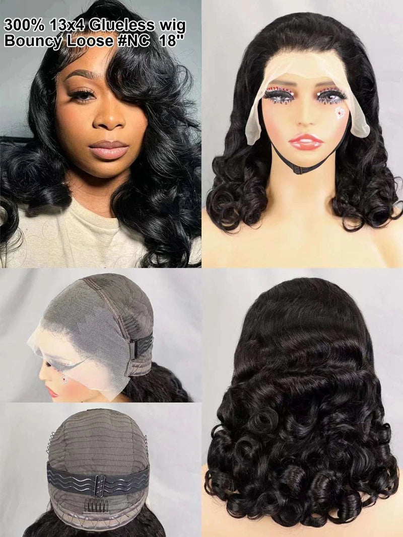 New Natural Color Bouncy Loose Lace Front Wigs Glueless Human Hair 300% Density 13x4 HD Transparent Lace Front Curly Wave Wig