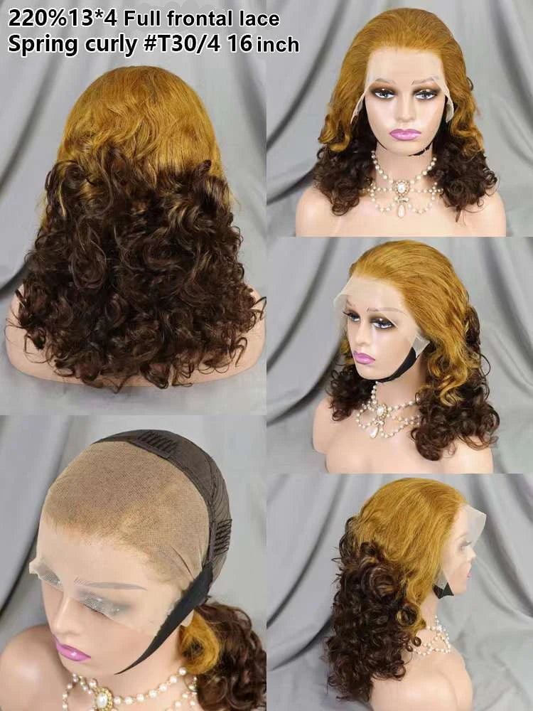 Wholesale 13X4 Frontal Lace 16inches Spring Curl 350 Color Wig for Women High-Grade 220 Density Human Raw Hair Cheaper Supplier