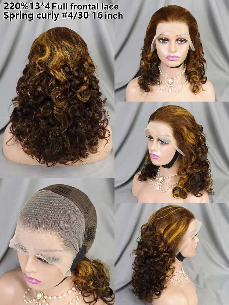 Wholesale 13X4 Frontal Lace 16inches Spring Curl 350 Color Wig for Women High-Grade 220 Density Human Raw Hair Cheaper Supplier