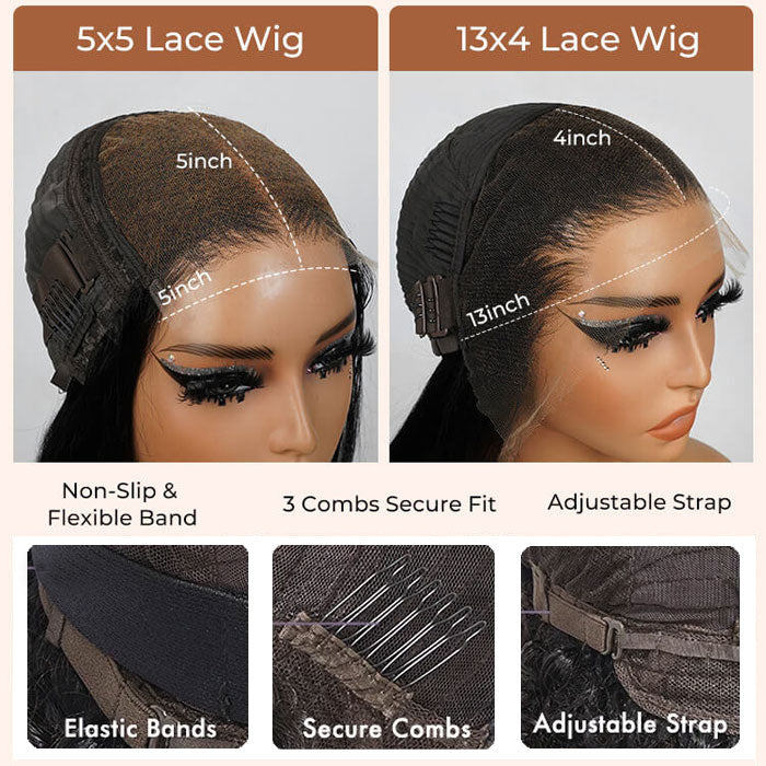Construction guide comparing labeled 5x5 and 13x4 lace areas, with close-ups of elastic bands, combs and adjustable straps.