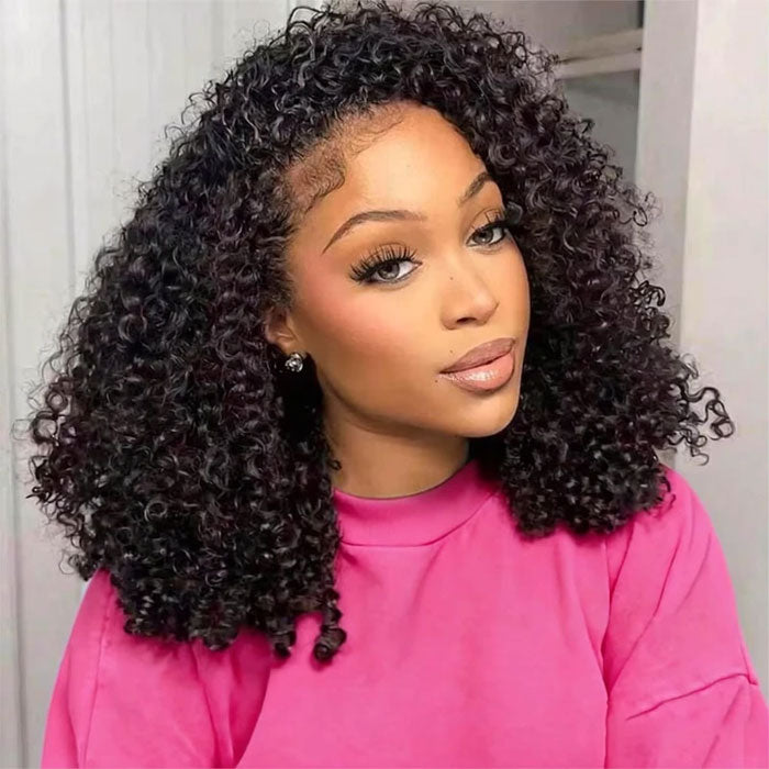 Three-quarter model view of a layered curly bob with a side part and defined curl shape.