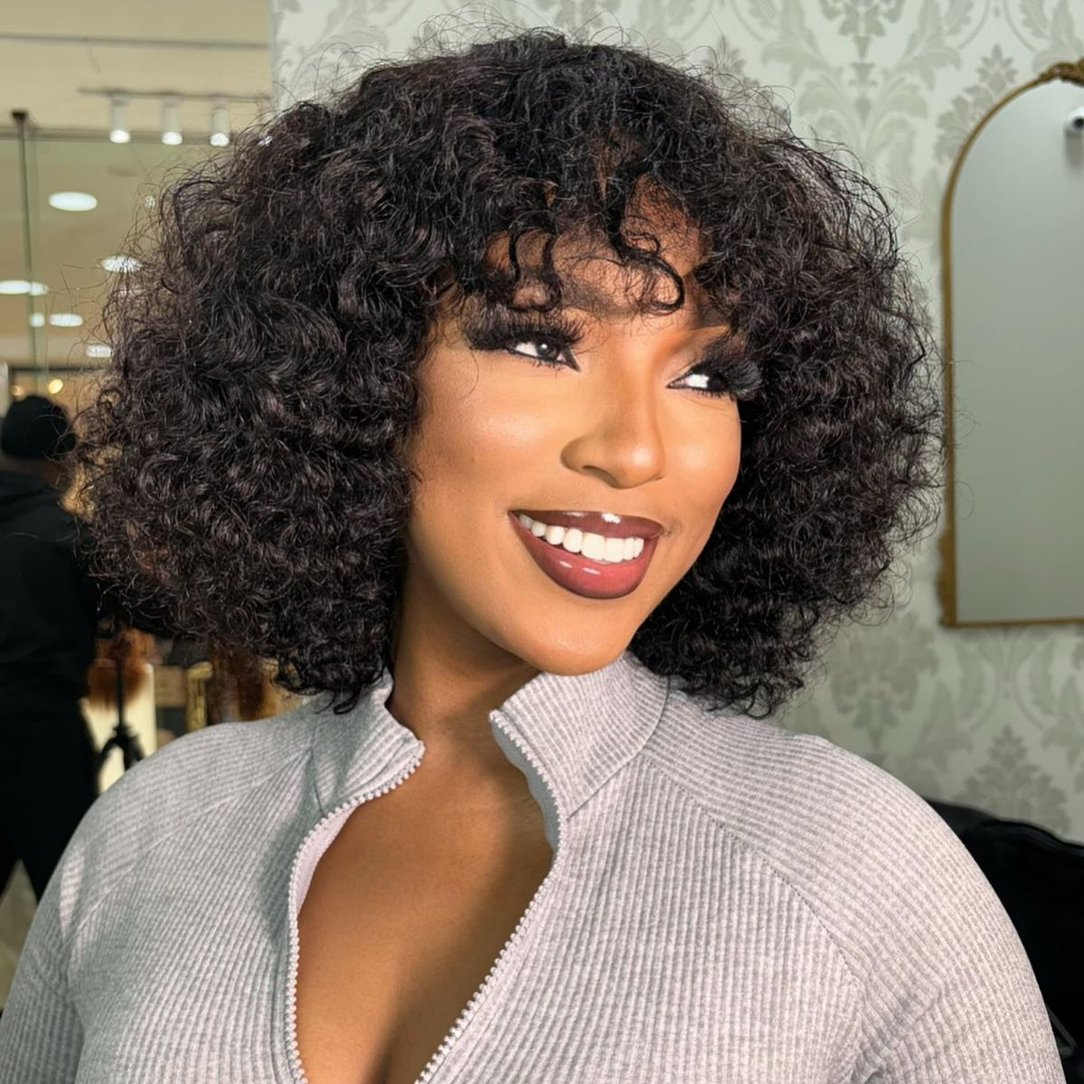 Jerry Curly Fringe Glueless Human Hair Bob Wig – 12 Inch – product view 3