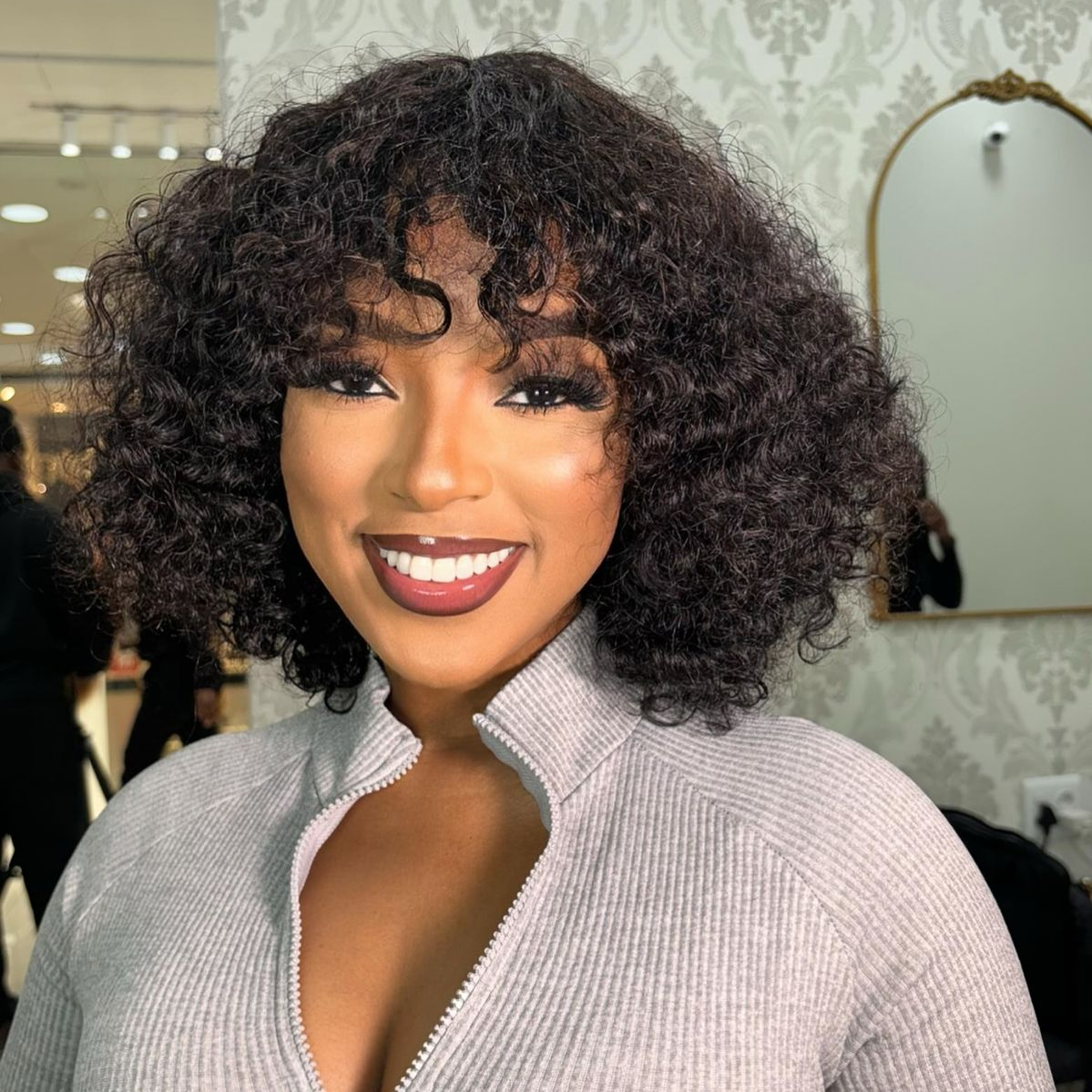 Jerry Curly Fringe Glueless Human Hair Bob Wig – 12 Inch – product view 2
