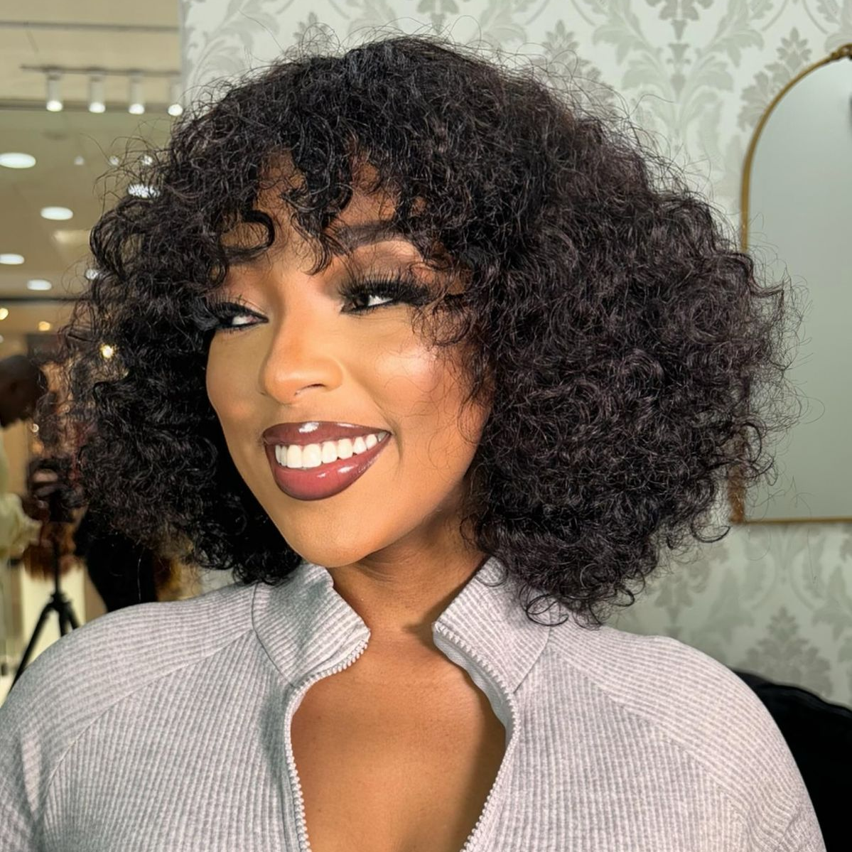 Jerry Curly Fringe Glueless Human Hair Bob Wig – 12 Inch – product view 1