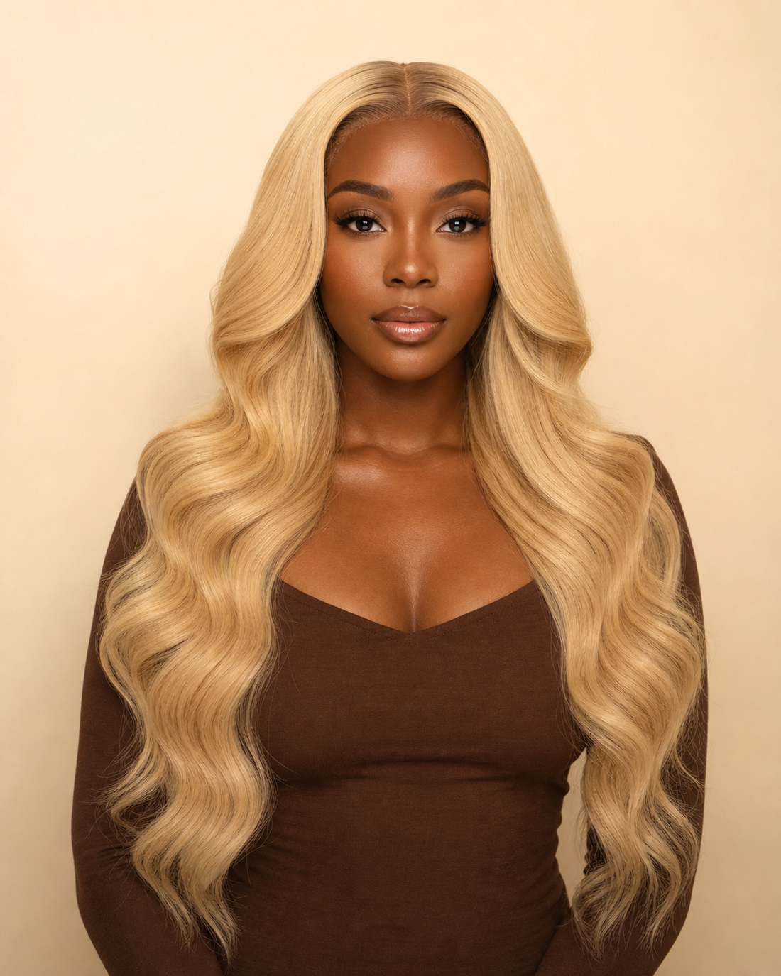 613 blonde body wave lace front human hair wig shown from the front