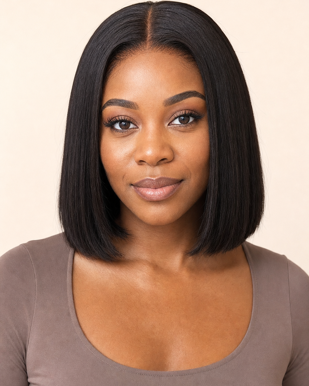 Natural black bone straight lace front bob human hair wig shown from the front