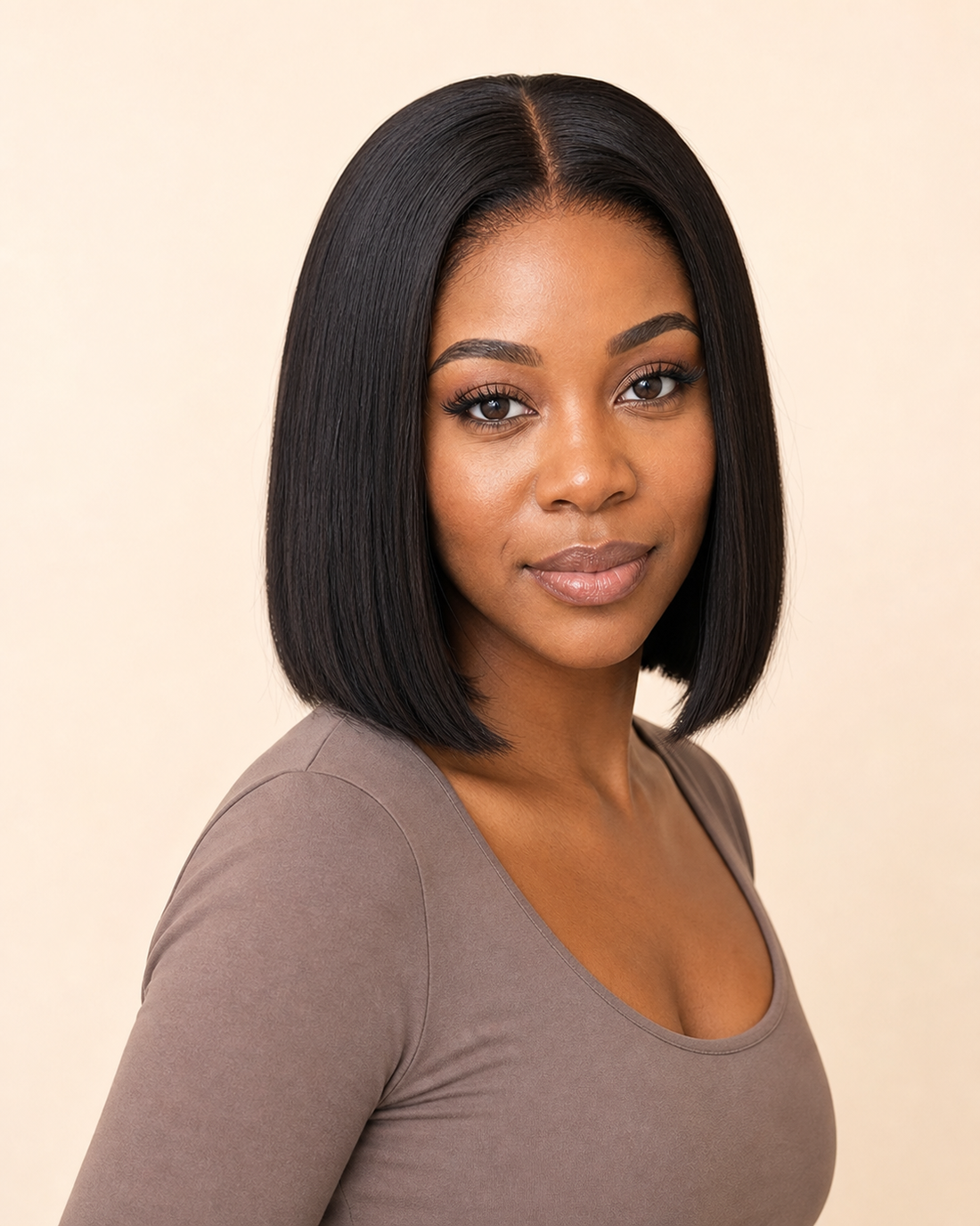 Natural black bone straight lace front bob human hair wig shown from the front